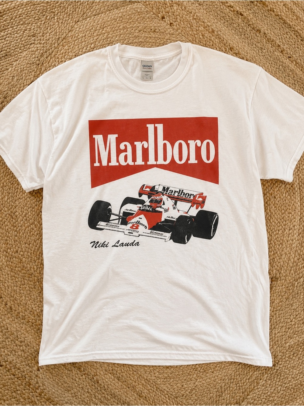 Gildan White Tee with Red Marlboro Racing Graphic